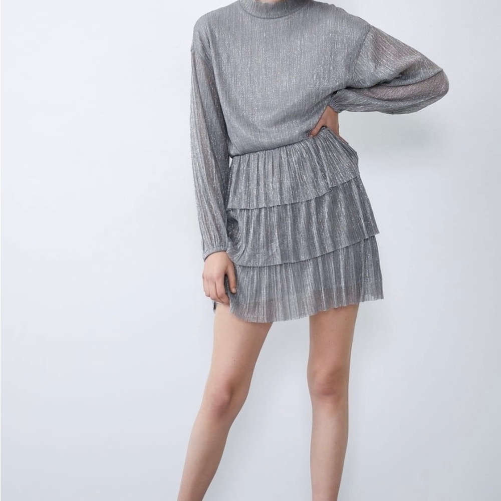ZARA silver ruffle dress long sleeve